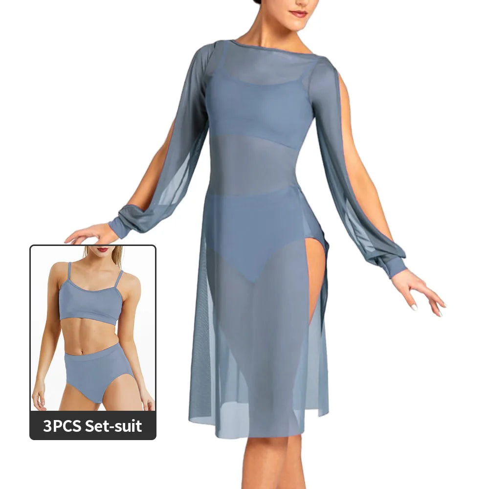 Robe fendue Romy maille transparente avec top shorty gris bleu