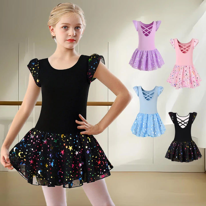 Justaucorps jupette brillante Bryanna manches & coloris au choix