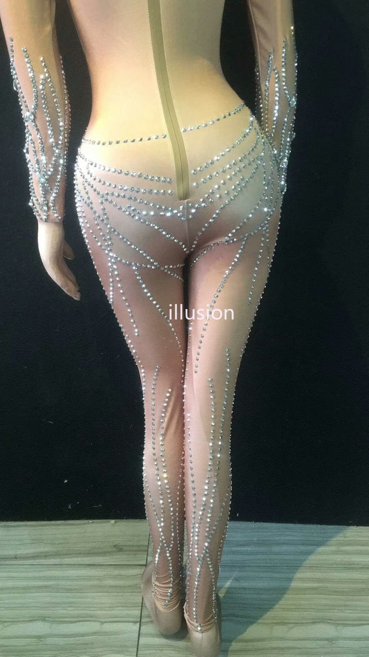 Académique combinaison nude avec strass et paillettes