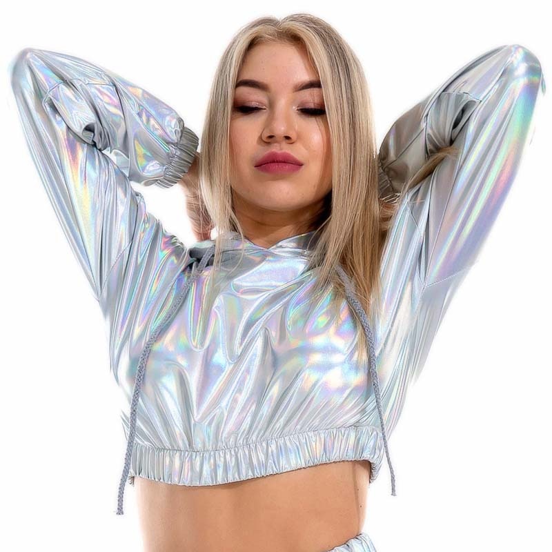 Top Crop Shiny Metallic Capuche et manches longues