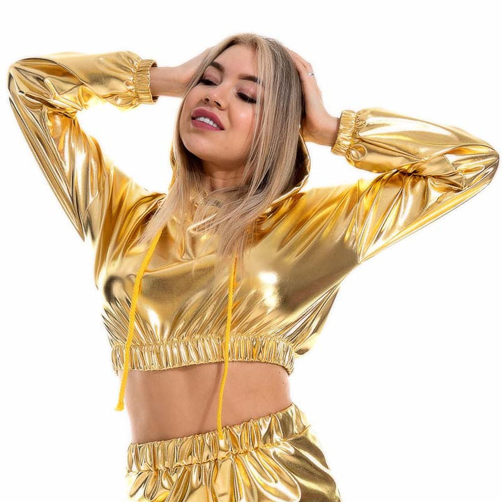 Top Crop Shiny Metallic Capuche et manches longues