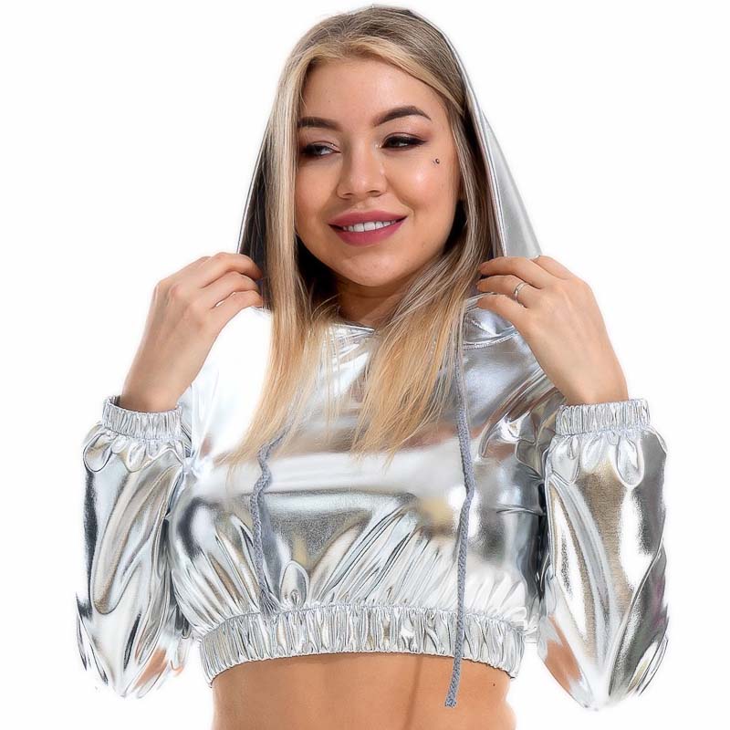 Top Crop Shiny Metallic Capuche et manches longues