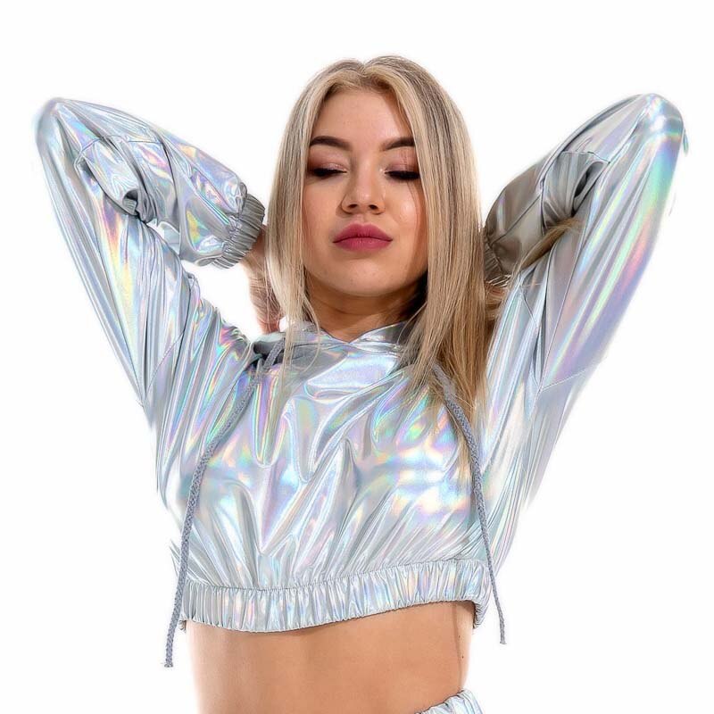 Top Crop Shiny Metallic Capuche et manches longues