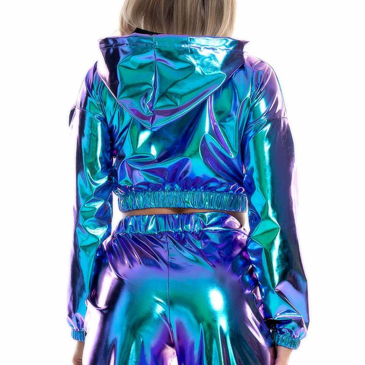 Top Crop Shiny Metallic Capuche et manches longues