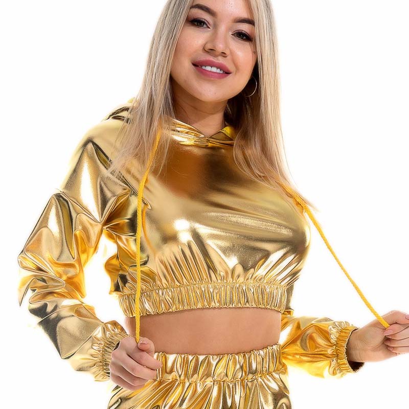 Top Crop Shiny Metallic Capuche et manches longues