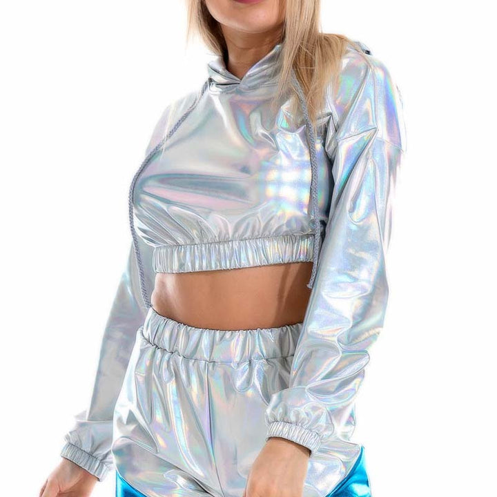 Top Crop Shiny Metallic Capuche et manches longues