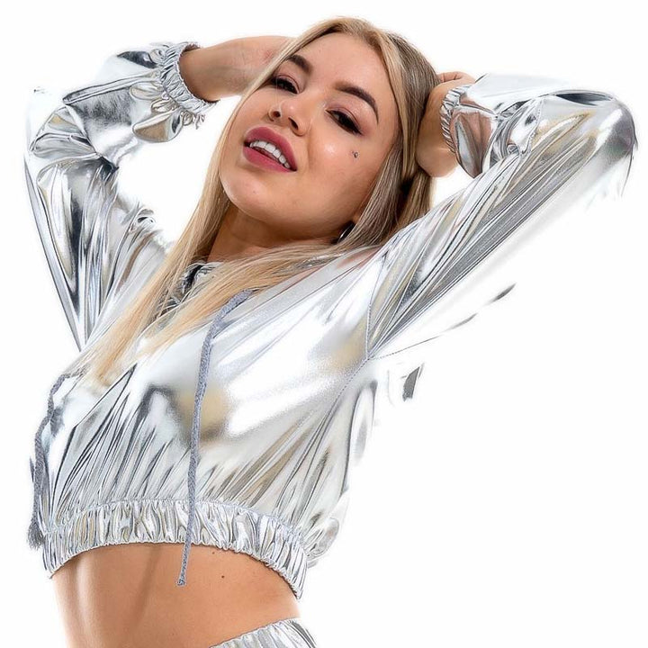 Top Crop Shiny Metallic Capuche et manches longues