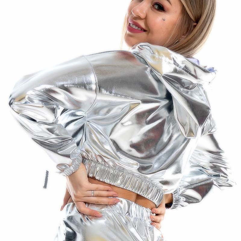 Top Crop Shiny Metallic Capuche et manches longues