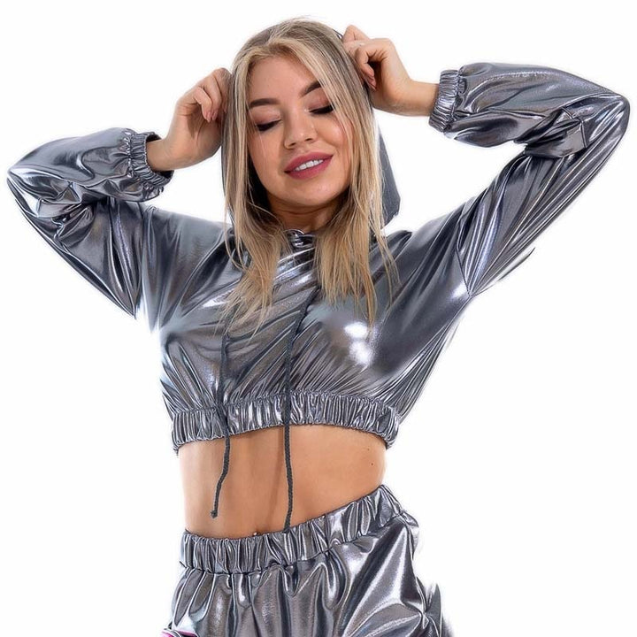 Top Crop Shiny Metallic Capuche et manches longues