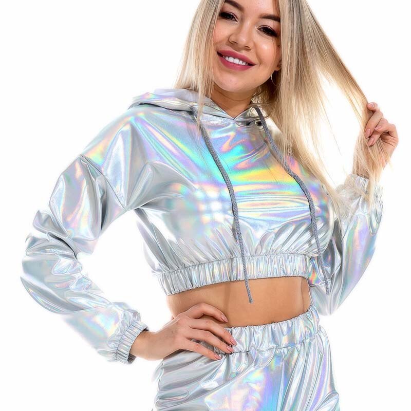 Top Crop Shiny Metallic Capuche et manches longues