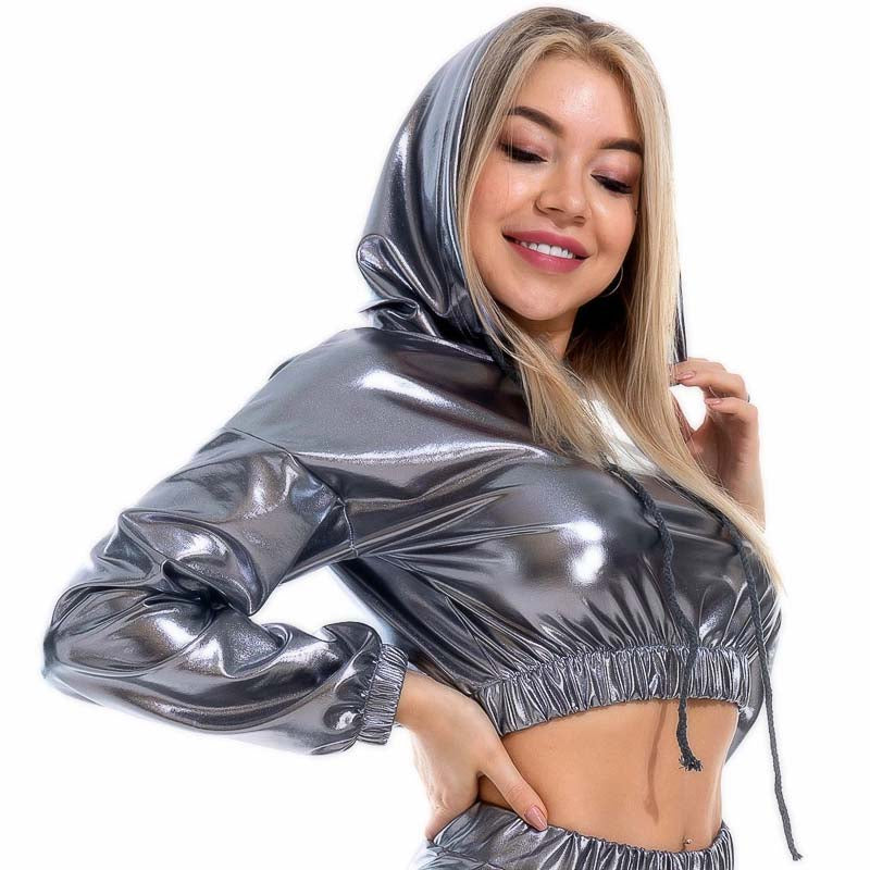 Top Crop Shiny Metallic Capuche et manches longues