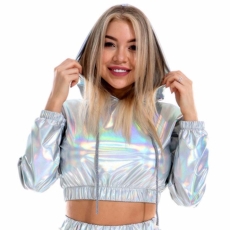 Top Crop Shiny Metallic Capuche et manches longues