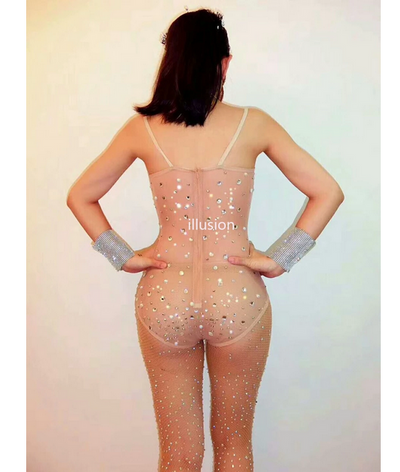 Justaucorps mesh nude avec strass crystal et perles argent
