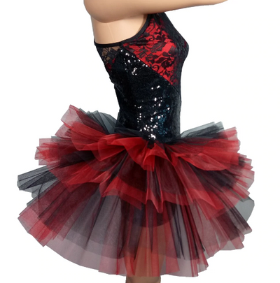 Robe justaucorps rouge et noir avec 1 manche longue pour enfant et adulte - Dance Store