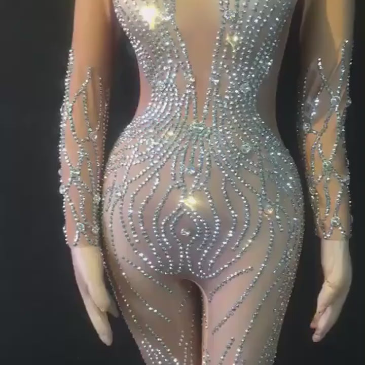 Académique combinaison nude avec strass et paillettes