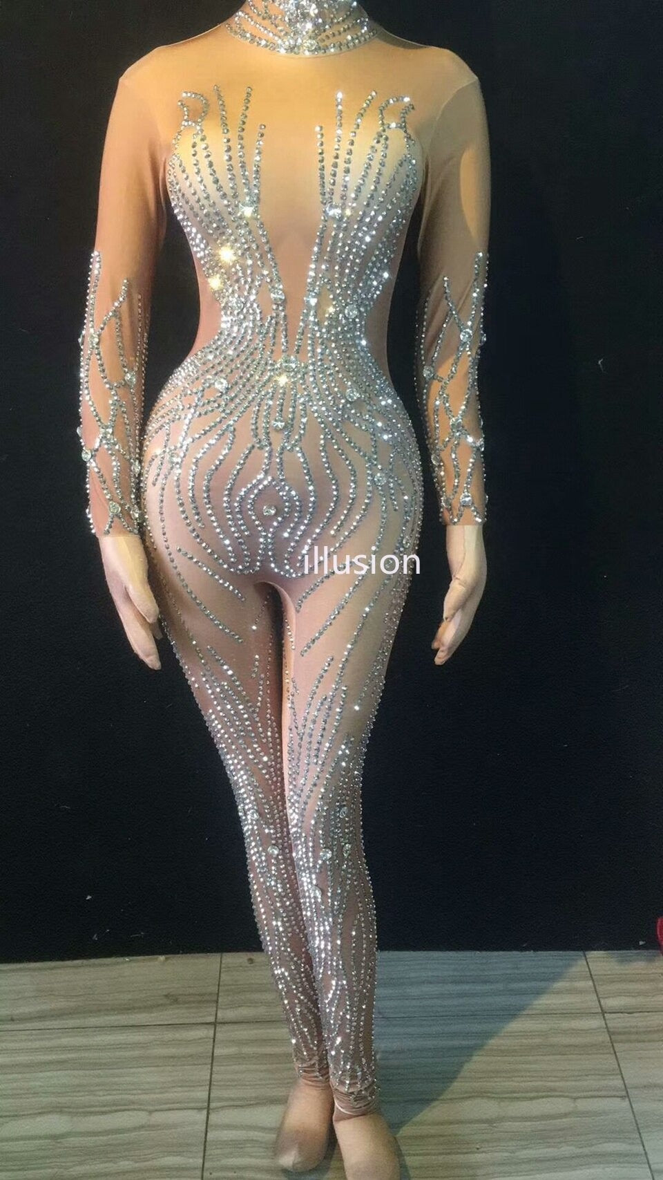 Académique combinaison nude avec strass et paillettes