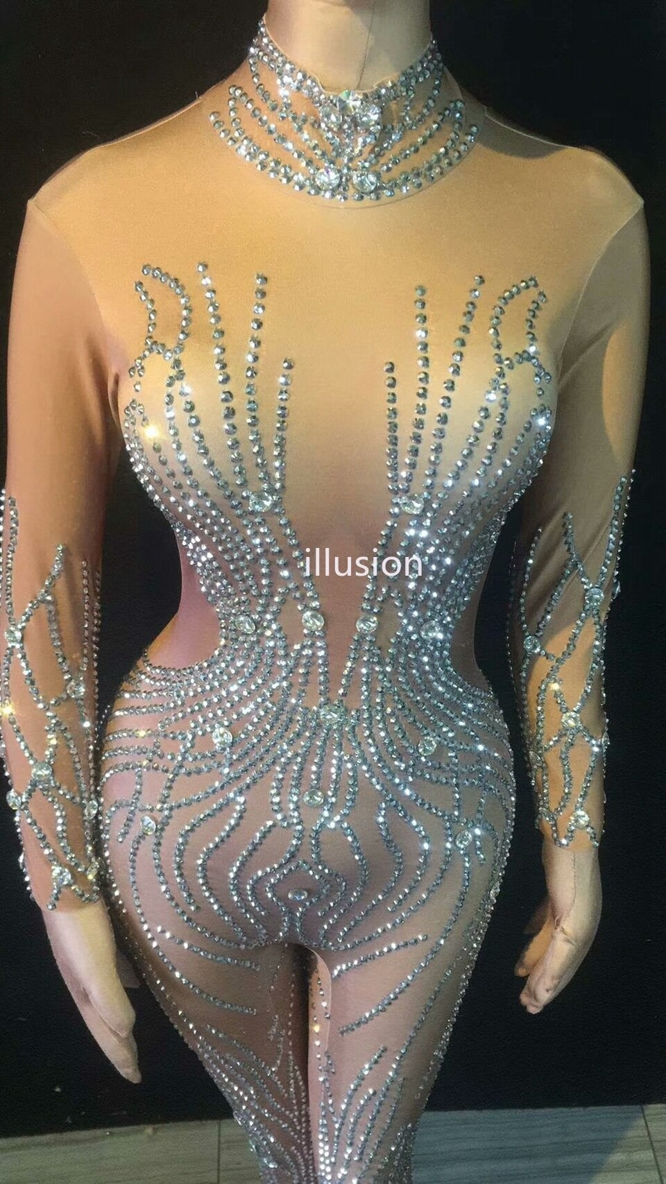 Académique combinaison nude avec strass et paillettes