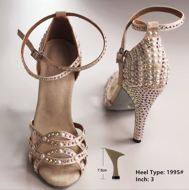 Chaussures de danse pour femme coloris chair avec strass . Talons personnalisables: de 7,5 à 10cm - Dance Store