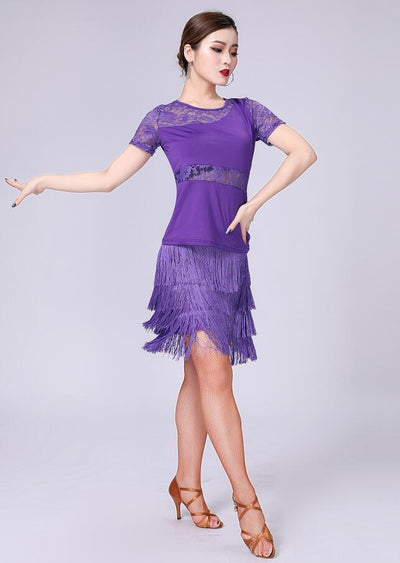 Robe de danse latine à franges et dentelle pour adulte - Top à manches courtes avec jupe - 3 coloris au choix: noir, violet, rouge - Dance Store