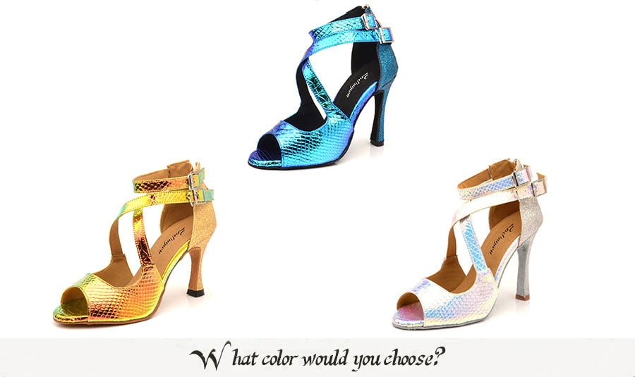 Chaussures de danse pour femme - 3 coloris au choix: bleu, argent, doré - Talons personnalisables: hauteurs disponibles: 6cm 7.5cm 8.5cm 10cm - Dance Store