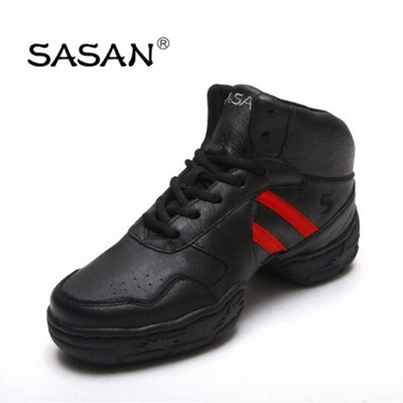 Baskets Sneakers montantes en cuir Jazz Hip-Hop Fitness pour adulte 2 coloris au choix: noir avec bandes rouge ou noir avec bandes or - Dance Store