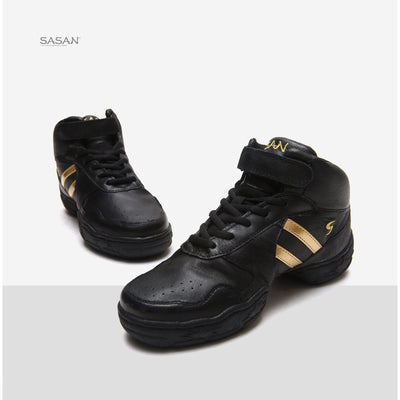 Baskets Sneakers montantes en cuir Jazz Hip-Hop Fitness pour adulte 2 coloris au choix: noir avec bandes rouge ou noir avec bandes or - Dance Store