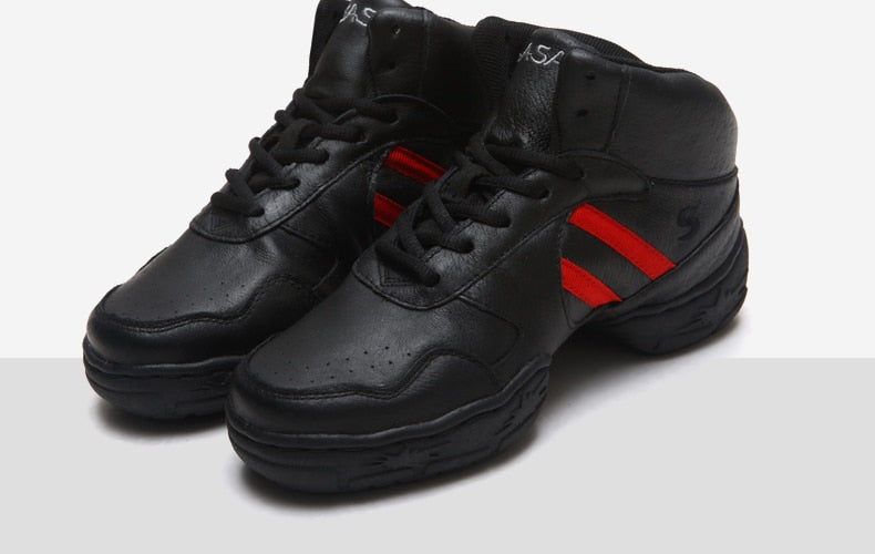 Baskets Sneakers montantes en cuir Jazz Hip-Hop Fitness pour adulte 2 coloris au choix: noir avec bandes rouge ou noir avec bandes or - Dance Store